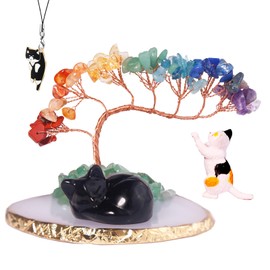 Dreamgirl Black Obsidian Chakra Crystal Tree and Healing Stones Cute Sleeping Cat Statue Lucky Kitten Figurine Office Bedroom Home Desk Decoration Cat Lovers Gift for Women