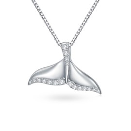 BHUBREA 1/6 Carat Diamond Whale Tail Necklace for Women 925 Sterling Silver 18K White Gold Plated Whale Pendant Diamonds Ocean Jewelry Necklaces
