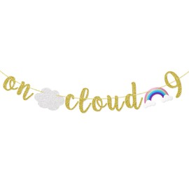 On Cloud 9 Banner 9th Birthday Party Decorations Rainbow Sign 9 Year Old Birthday Supplies for Girl Gold Glitter