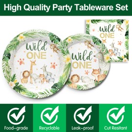 Piooluialy Wild One Birthday Party Supplies Tableware Set - Safari Birthday Decorations Include Plates, Napkins, Cups, Cutlery, for Animal Jungle Theme Wild One Party Supplies | Serves 24