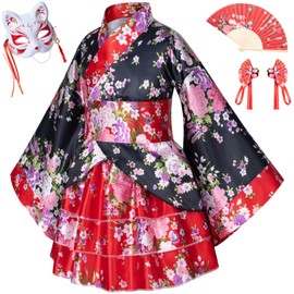 Elibelle Japanese traditional dress kimono robe for kids girls costume silk folding fans hairstick fox mask set(red back 110cm)