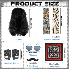VAIAV Rockstar Costume Children, Rocker Outfit Men, Rocker Punker Disco Costume, 80s Outfit, Men's Wigs with Wigs, Sunglasses, Beards, Sleeves, Gloves, Headscarves