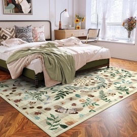 WARMYS 5x7 Floral Washable Area Rug for Living Room, Non-Slip Non-Shedding & Easy Care, Soft Low Pile Faux Wool Distressed Foldable Indoor Floor Carpet for Bedroom, Playroom, Nursery, Beige