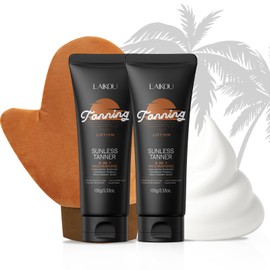 LAIKOU Tanning Lotion 2 x 100g with Applicator Mitt, Natural Sun-Kissed Glow with Coconut Oil, Vitamin E & Shea Butter, Hydrating, Streak-Free, Fast-Acting Self Tan for Face & Body, Women & Men