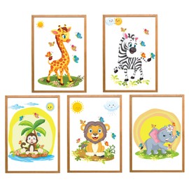 Set of 5 Posters | Colourful Animal Pictures | Children's Room | Safari Animals | Monkey, Lion, Giraffe, Elephant, Zebra | Butterflies | Decoration | DIN A4 | without Frame | 210 x 297 Months