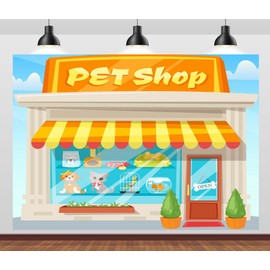 CORFOTO 9x6ft Fabric Pet Shop Backdrop Cartoon Puppy Dog Shopping Decorations Banner Cat Dog Pet Shop Photography Background Birthday Party Decoration School Play Photo Booth