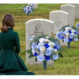 AILVEMEE Artificial Grave Flowers for Cemetery with Vase,Sympathy Cemetery Flowers for Grave Sites,Florist Designed Memorial Tombstone Bouquet,Silk Floral Decor:Blue Rose,Tulip,Butterfly
