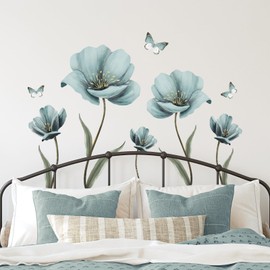Tanlaby Large Flowers Wall Sticker Vintage Flowers Wall Sticker Blue Butterfly Wall Sticker for Women Living Room Bedroom Offices Sofa Background Home Wall Decoration