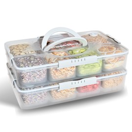 Snap and Stow Stackable Veggie Containers with Lids, Snackle Box Dishwasher Safe, 14 Divided Snack Box, Charcuterie Tray with Lid, Reusable BPA Free Plastic (Set of 2, Transparent)