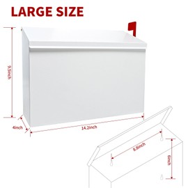 Wall-Mount Mailbox with Flag Metal Mail Box for Outside Large Capacity Rust-Proof Post Box for House Use, 14.2” x 4” x 9.5” (White)
