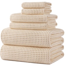 POLYTE Oversize, 60 x 30 in., Quick Dry Lint Free Microfiber Bath Towel Set, 6 Piece (Light Beige, Waffle Weave)