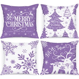 Lanpn Pack of 4 White and Purple Cushion Covers Christmas Cushion Cover 45 x 45 cm, Winter Snowflakes Decorative Christmas Cushions for Christmas Decoration Christmas Bed Linen Sofa Decorations