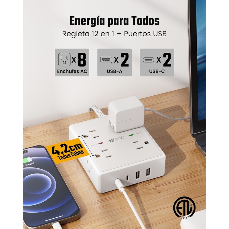 SUPERDANNY 12 En 1 Regleta Multicontacto 1,8 Metros Enchufe Plano,