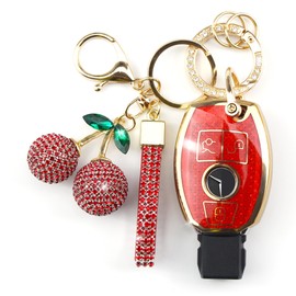 Rayslesan Sparkly Key Fob Cover with Cherry Keychain, Bling TPU Smart Key Case for Women, Compatible with Mercedes C/C AMG，E/E AMG ，R S G CL GLK ML Series (3-Button, Gold Red)