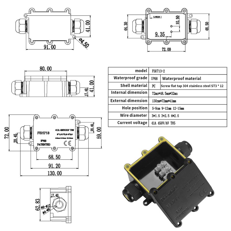 IP68 Waterproof Junction Box, 2 Way Cable Connector, External Junction