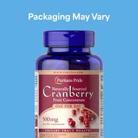 Puritan's Pride Naturally Sourced Cranberry One Per Day Fruit Concentrate 500mg, 50:1 Dietary Supplement for Urinary Tract Support, 4 Month Supply, 120 Rapid Release Capsules, 2 Pack