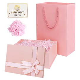 Gift Box with Lid, Gift Box Birthday, Rectangular Gift Packaging Birthday with Bow, Gift Box with Lid Raffia and Greeting Cards, for Weddings, Anniversaries (Pink)
