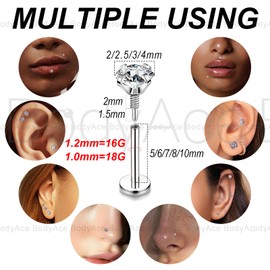 BodyAce 16G 18G Lip Bars Labret Rings, Long Internally Threaded Nose Ring Stud Flat Back Earrings, Surgical Steel Conch Helix Piercing Tragus Medusa Jewellery [Gold;1.0mm=18G,BL:10mm]