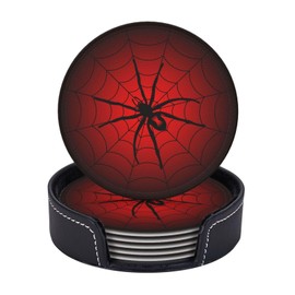 Spider Coasters for Drinks with Holder Leather Coasters Set of 6 Cute Halloween Drink Coasters Sets for Living Room Kitchen Coffee Bar Table
