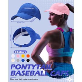 Jiuguva 8 Pcs Backless Ponytail Caps Baseball Hats for Women Messy Bun Adjustable Sun Visor Caps Curly Hair(Bright Color)
