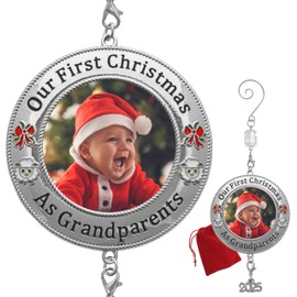 Grandparents Christmas Photo Ornament - Dated 2025 - We Will Customize with Your Photo - Red Bow and Lamb Accents - Gift-Storage Bag Included - Holds a 2" Picture