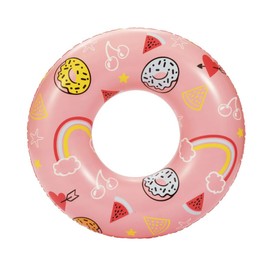 Bluescape Tropical Leaves Green Printed Pink Sweets with Hearts, Donuts, Rainbows, Watermelon Inflatable Pool Tube Toys for Girls Kids Women. (Pink)