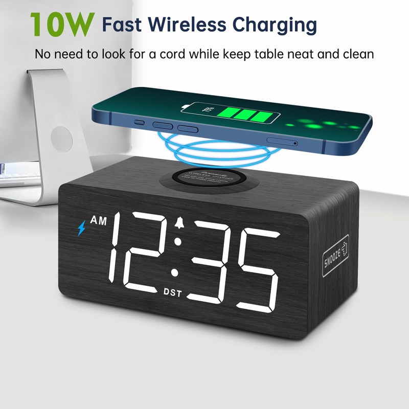 DreamSky Wooden Digital Alarm Clock with Wireless Charging for Bedroom,