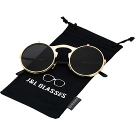 J&L Glasses Retro Flip-Up Round Goggles Steampunk Sunglasses (Golden/Black, Clear)