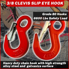 G80 Clevis Eye Grab Hook,3/8" Heavy Duty Chain Hooks,Forged Tow Trailer Safety Hook with 6600Lbs Work Load Limit Capacity for Hauler Hitches Wrecker Truck,Clevis Grab Winch Hooks for Lifting（2pc）
