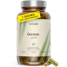 VETAIN Organic Barley Grass High Dose – 1,500 mg per Day – 180 Capsules – Made in Germany – Certified Organic – Vegan & No Additives – Produced & Laboratory Tested in Germany