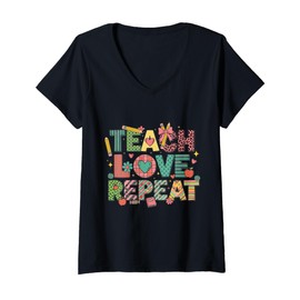 Womens Teach Love Repeat Cute Teacher Squad Back to School Rainbow V-Neck T-Shirt