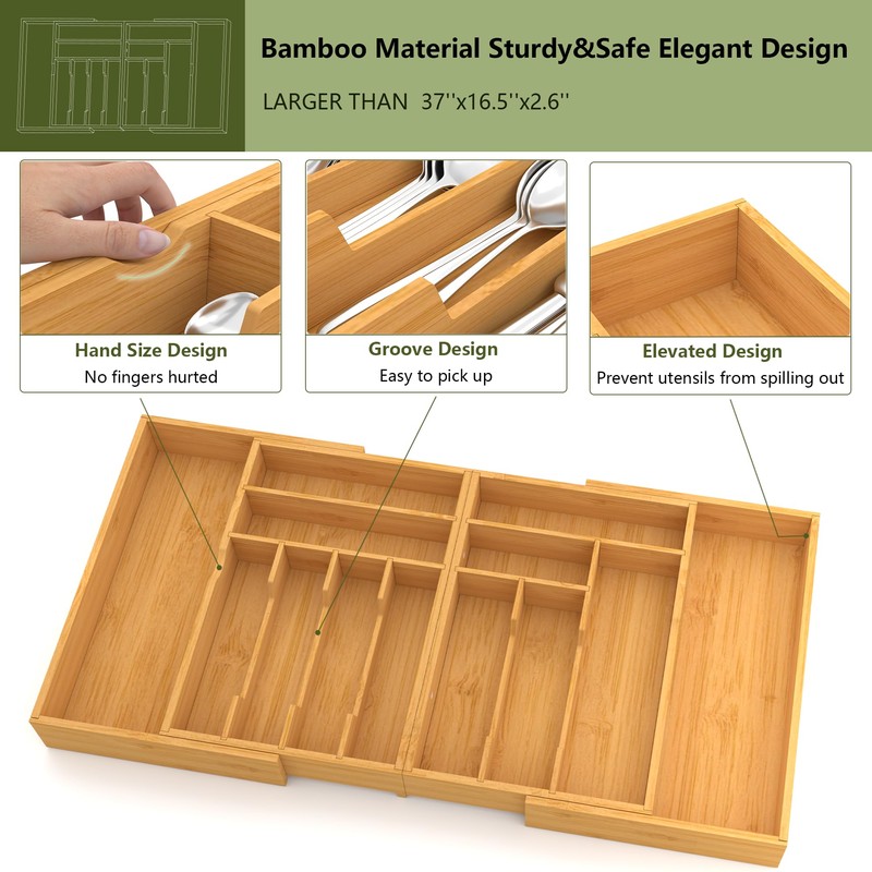 Suli Large Silverware Drawer Organizer, Adjustable Kitchen Flatware for Forks