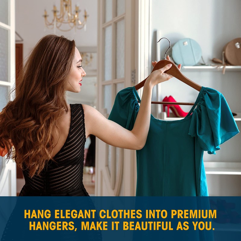 Wooden Hangers 10 Pack: Solid Shirt Hangers with Pants Bar,