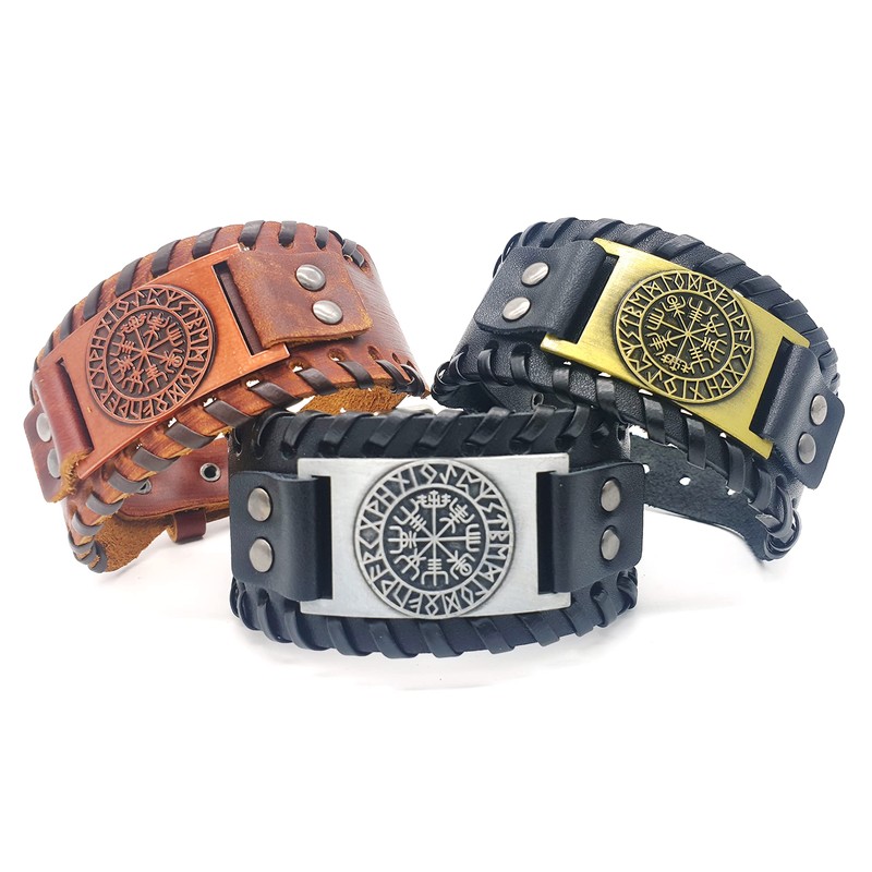 Vikings Vegvisir Viking Compass Leather Bracelet Metal Black Silver, Zinc
