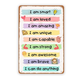 Affirmation I Am Kind I Am Smart Metal Sign Inspirational Quotes Tin Sign Decor for Home Kids Room Classroom Playroom Wall Decor 8x12 Inch Pre-Drilled Holes for Easy Installation