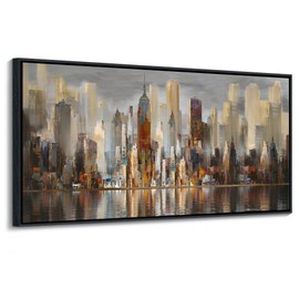 Abstract Brown New York City canvas Wall Art Framed Large Wall Art for Living Room Modern Paintings for Bedroom Cityscape New York Wall Decor Artwork Wall Pictures for Office and Bedroom 24×48in