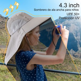 Duwinja Sombrero de Sol para niñas, Gorro de Pesca Protectores de Cuello para niños 3-12 años,【ala Ancha 11cm,UPF 50+, Impermeable,Plegable, Transpirable, Ajustable】para Pesca/Jardín/Playa-Gris Claro