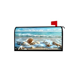 Beach Seashell Starfish Magnetic Mailbox Cover, Standard Size 21x18 Inch, Coastal Ocean Wave Mailbox Wrap, Summer Waterproof Mailbox Cover for Outdoor Yard Garden Decor.