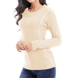 v28 Women Crew Neck Korea Knit Stretchable Elasticity Long Sleeve Sweater Jumper (L, Beige)