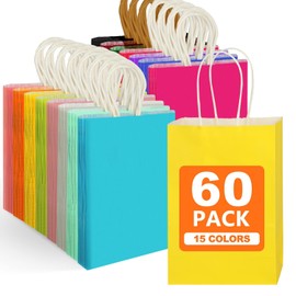 MITINU 60PCS Paper Gift Bags, 5.8"x3.2"x8.25" Party Favor Bags Bulk Rainbow Goodie Small Gift Bags with Handles for Kids Birthday Baby Shower Crafts Wedding Party Supplies (15 Colors)