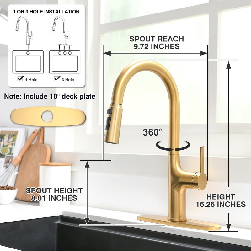FROPO Gold Kitchen Faucets, Brushed Gold Kitchen Faucet with Pull