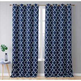 HLC.ME Lattice Print Decorative Pattern Blackout Winter Thermal Insulated Privacy Room Darkening Long Window Grommet Drapes Curtain Panels for Bedroom and Office - Navy Blue - 52 W x 96 L