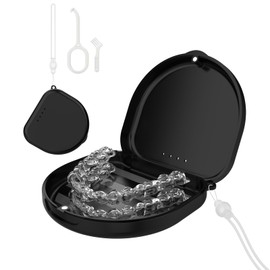 Retainer Case, Compatible with Invisalign, Slim Aligner Case with Vent Holes, Portable Orthodontic Case with Removal Tool, Brush and Lanyard, Black