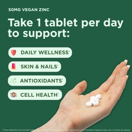 Yuve Naturals Vegan Zinc 50 mg - Zinc Gluconate for Wellness and Skin Support - Gluten Free, Non GMO, Plant Based - 100 Easy to Swallow Tablets