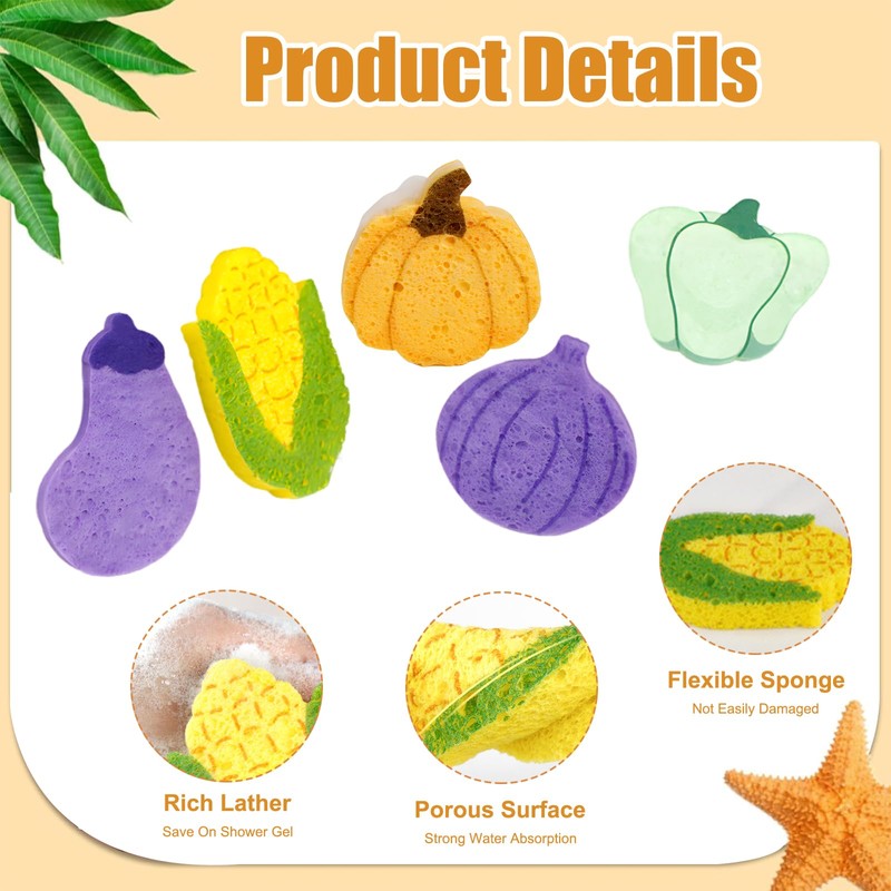 5pcs Bath Sponges for Kids,Soft Safe Vegetable Shapesbaby Sponges for
