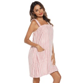 Veseacky Deluxe Cotton Towel Wrap for Women Shower & Bath Wrap with Facial Headband (L,Pink Stripe)