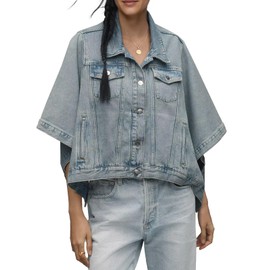 Tankaneo Womens Jean Jacket Oversized Cropped Short Sleeve Cotton Denim Jacket Fall Trendy Cape Outerwear with Pockets