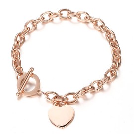 Wang Gao Elegent Love Stainless Steel Link Chain Blank Heart Charms Bracelet for Women Fits 5.43-6.2" Wrist Toggle Clasp Closure,Rose Gold