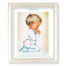 Praying Baby Boy Picture, Pearlized White 9-1/2"x11-1/2 Frame, Beaded Lip, Under Glass