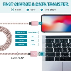 MECCANIXITY 9.84ft USB Type C Charger Cable, 2.4A Type-C to USB A Braided Charging Cord Data Transfer Cable for Tablet Phone LED Desk Lamp Drone, Pink